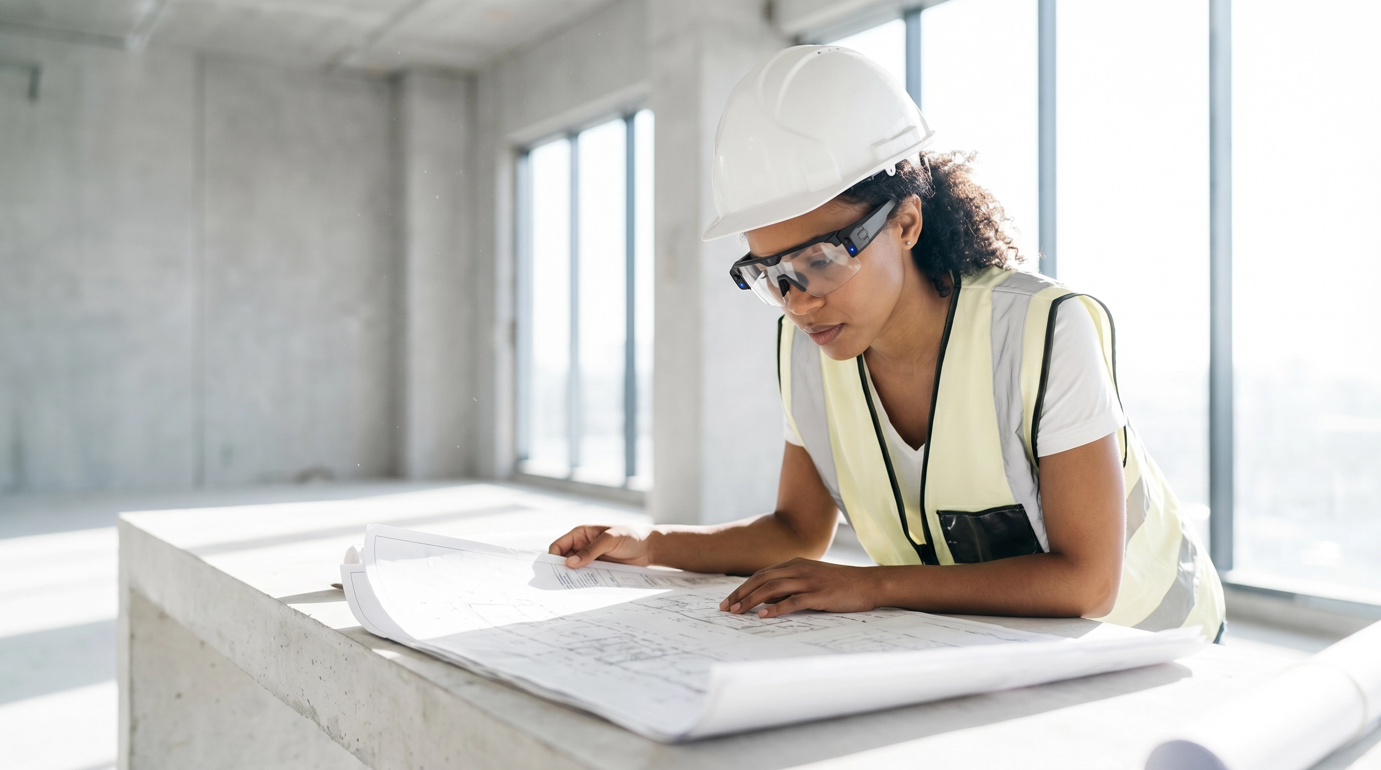 Worker wearing TAR smart safety glasses on a construction site